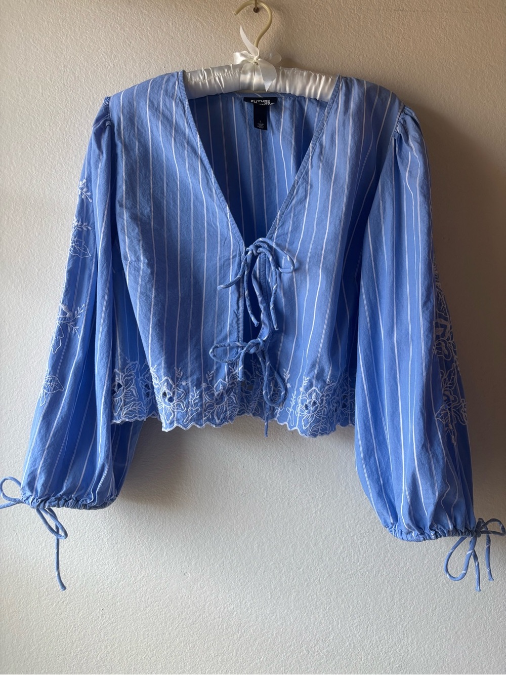 Future Collective Blue Stripe Tie Accent Embroidered Peasant Top